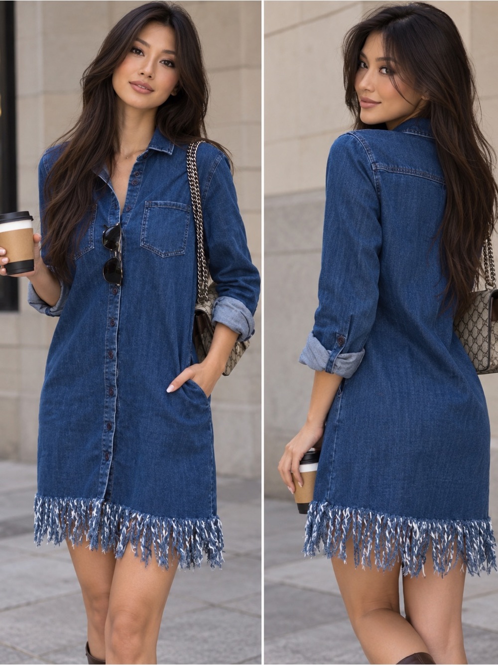 Nordstrom Denim Shirt Dress with Fringed Hem - Blue